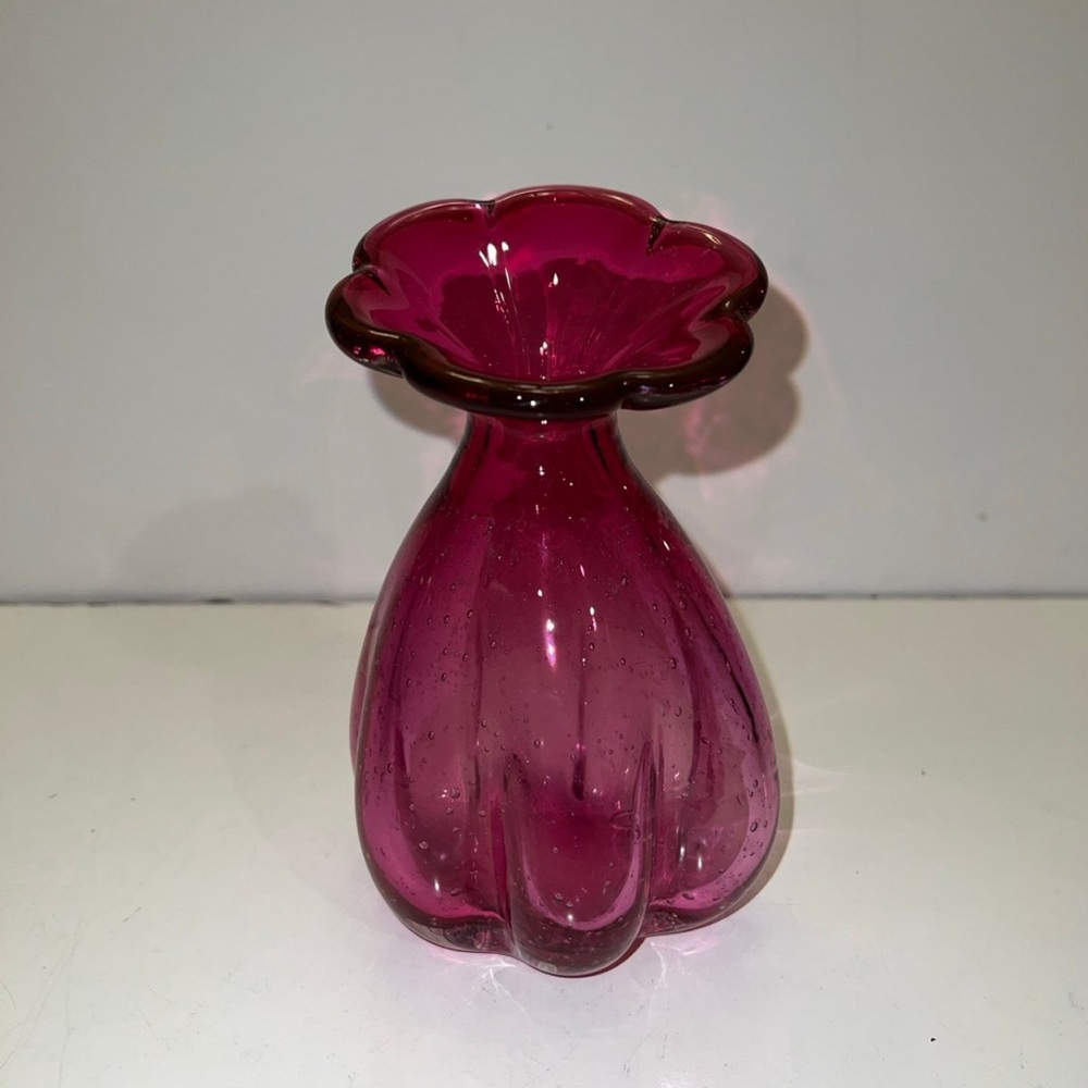 Vintage Cranberry Glass Vase Blown Flower Fluted Top Bubbles 7”